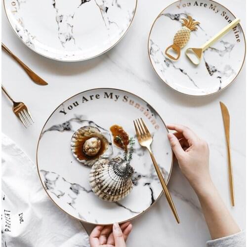 Phnom Penh Ceramic Marble Dining Plate Gold Inlay Letter Dessert Salad Dishes Western Steak Home Decor Tableware