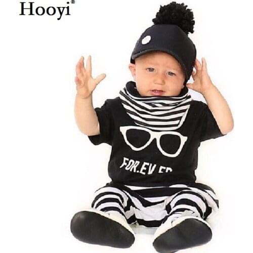 Hooyi 2018 Baby Boy Clothes Set Glass For Ever Children Black T-Shirt White Stripe Pant Suit Kids Outfit 100% Cotton Summer Tops