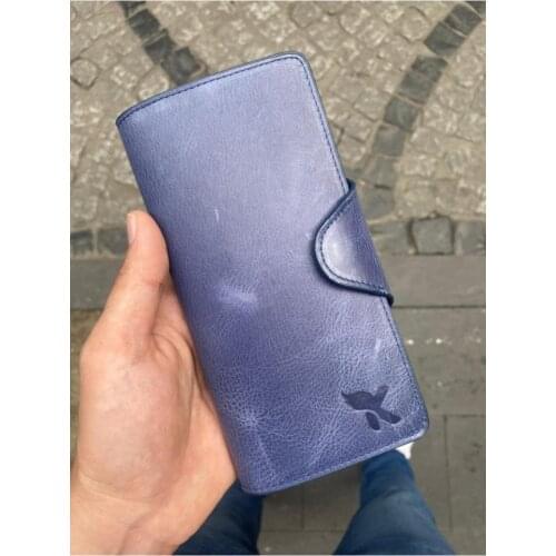 Karali Leather Phone Compartment Crazy Navy Blue Ziplock Genuine Leather Wallet