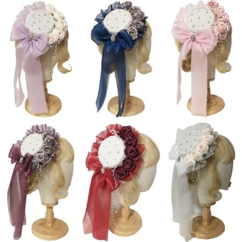 Sweet Lolita Pearl Beaded Mini Lace Top Hat with Rose Flower Ribbon Bowknot Kawaii Headdress Cosplay Hair Accessories D0LF