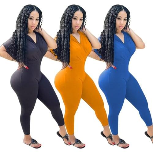 Yellow Blue Black Fashionable Short Sleeve Sexy V Neck One Piece Slim Jumpsuits Stretchy Bodycon Skinny Long Rompers for Women