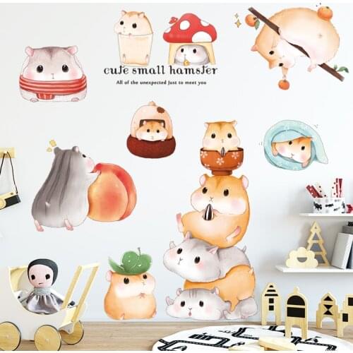 Cartoon Hamster Wall Sticker Kids Room Decoration Boy Girl Children Bedroom Decor Animal Wallpaper DIY Self-adhesive Poster