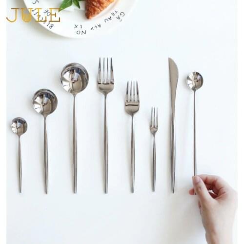 8-pieces Good Mirror Flatware Set 18/8 Stainless Steel Black Dining Knive Forks Scoop Cutlery Golden Restaurant Tableware Sets