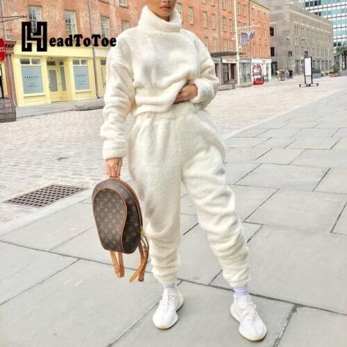 Plain Long Sleeve Teddy Top & High Waist Pants Set Autumn Winter Casual Women Two Piece Set