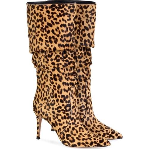 Shoes Woman Sexy Leopard Print Mid Tube Boots Womens Winter Thin Heels High Heel Long Boot Flock Chelsea Booties Botas De Mujer