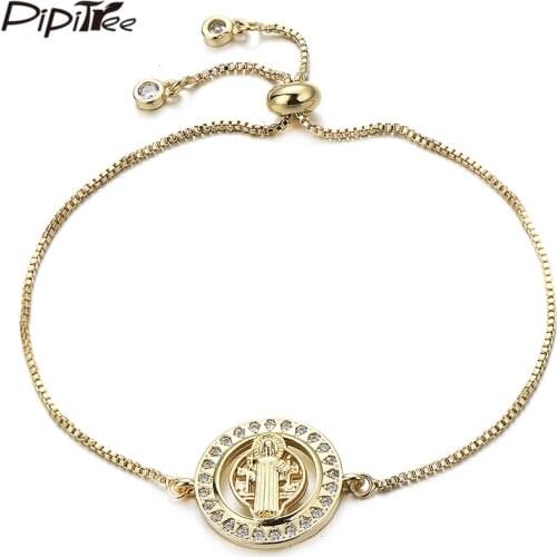 Pipitree Cubic Zirconia Round Charm Bracelet with Father Jesus in Middle Adjustable Chain Religious Bracelets for Men Women