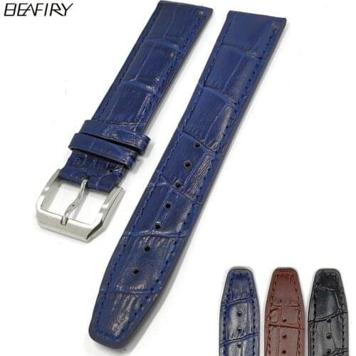 BEAFIRY Watch Band 20mm 22mm Genuine Leather Watchbands for huawei Slub Pattern Watch Strap for men women Belt Brown Blue Black
