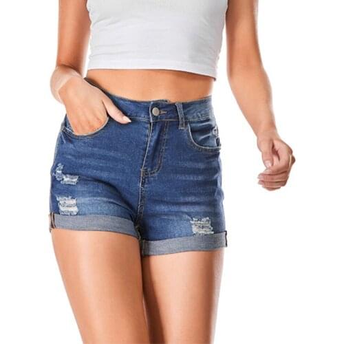 Blue Ripped Skinny Denim Shorts With Pockets Women Summer 2021 Streetwear Distressed High Waist Sexy Hole Casual Jean Shorts