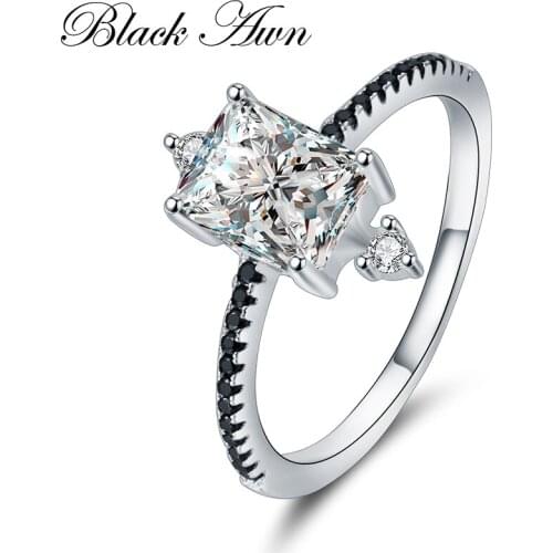 [SODROV] 925 Sterling Silver Row Black Stone Engagement Rings for Women Fine Jewelry Bague C312