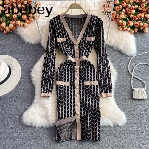 2021 New Spring Autumn Korean V-Neck long sleeve knitted Dress hit color patchwork single breasted mid-long split wrap Dress