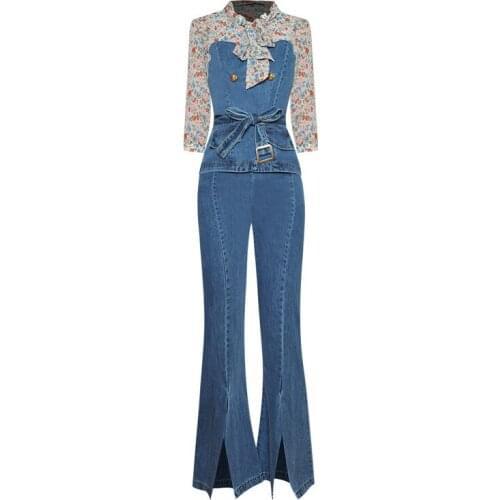 Women Two Pieces Clothing Runway Fashion Outfits Denim Patchwork Floral Shirt + Slit Flared Pants Jeans