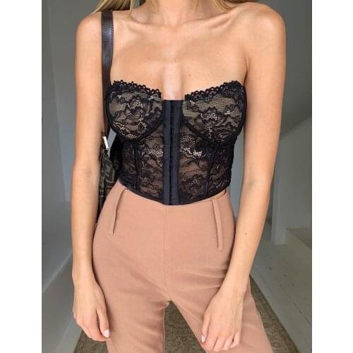 Women Sexy Tank Summer Lace Solid Color See-through Backless Off-the-shoulder Cropped Tube Top Club Party Wear White/ Black