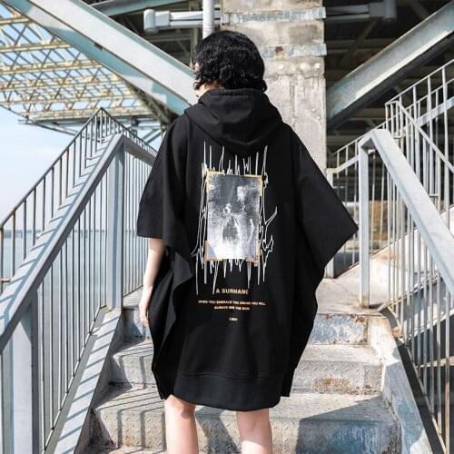 Women Black Loose Hip Hop Sweatshirt Hooded Woman Summer Gothic Batwing Sleeve Hoodies with Print Cropped Hoodie