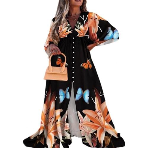 Women Summer Dresses Gorgeous Print Deep V Female Floor Length Slit Hem Plus Size Dress Beachwear
