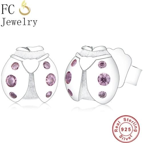 FC Jewelry 925 Sterling Silver Summer Small Animal Ladybird Ladybug Pink Zirconia Stud Earring Women Fashion Kids Party Brincos