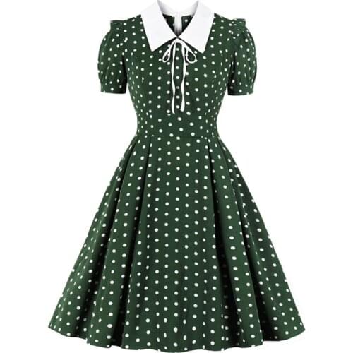 2021 Turn-down Collar Tie Front Polka Dot Vintage Robe Women Green 50s Pin Up Dress Short Sleeve Elegant Summer Pleated Dress