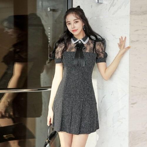 2021 Summer Korean Style Women Elegant Sweet Bow Lace Stitching Slim A-line Dress Office Lady Party Mini Dress Vestido Feminino