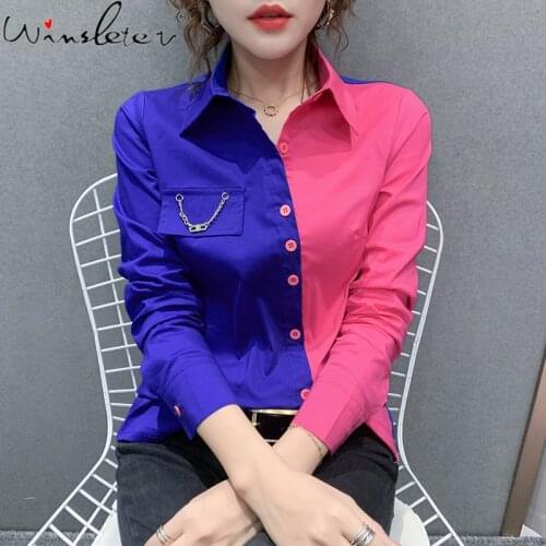 Spring Fall Korean Style Patchwork Blouse Chic Office Lady Color Blocking Irregular Button Elegant Women Shirt Tops New T15015A