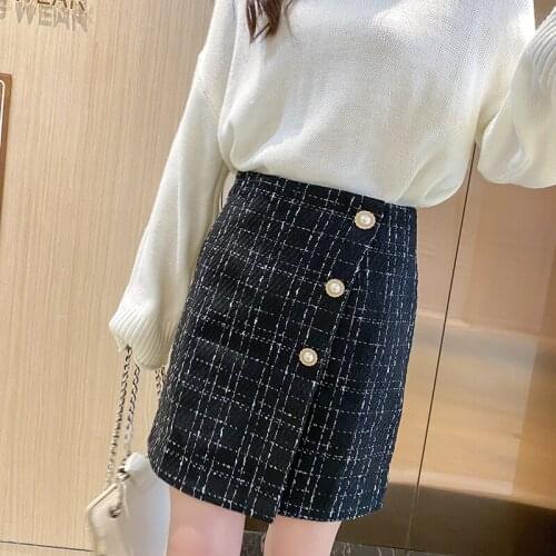Black Plaid Short Skirt Womens Mini Skirt A-Line Package Skirt Woolen 2021 Spring Summer New