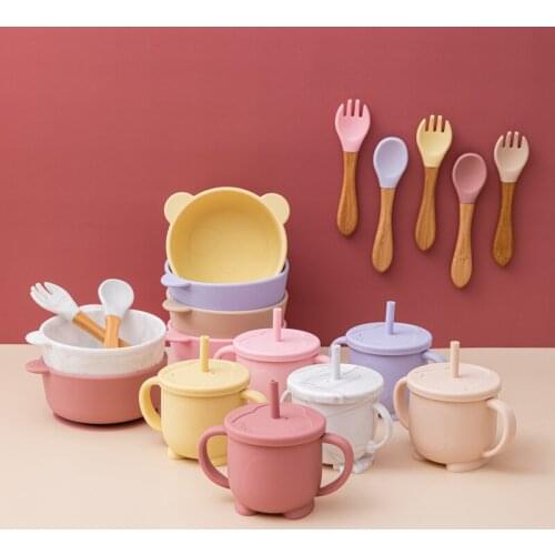 Children Silicone Dishes Dining Bowl Drinking cup Spoon Set Food Dinnerware For Kids Suction Cup Fixing Feeding Dinner Bowls BPA