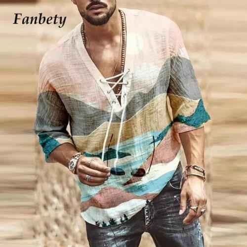 Mens Clothing Fashion Casual Drawstring V-Neck Loose Tops Pullovers 2021 Summer Vintage Landscape Printing Half Sleeve Tee Shirt