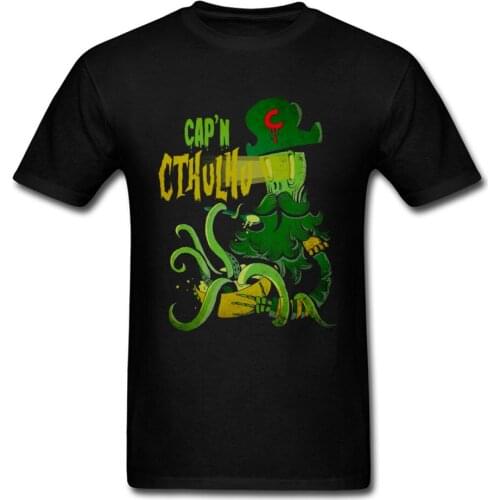 Cap n Cthulhu T Shirt For Man Stranger Things Tops Summer Tee Black Green Clothing Weird Cartoon Tshirt Printed