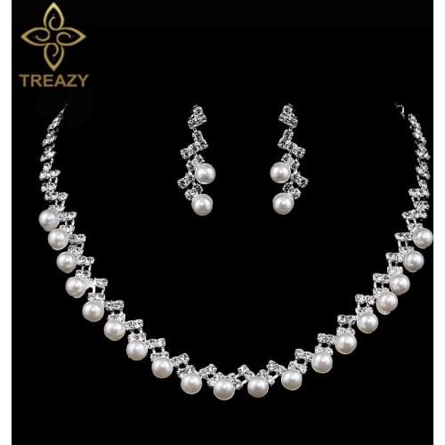 TREAZY Pearl Crystal Bridal Jewelry Sets Silver Color Waving Choker Necklace Earrings Sets for Women Party Wedding Jewelry Sets