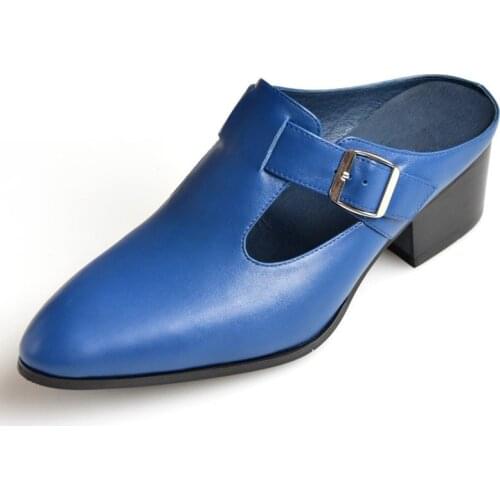 Summer Men Genuine Leather Slippers 5cm High Heels Trendy Buckle Pointed Toe Slip-on Slippers Slides Blue Black White Orange
