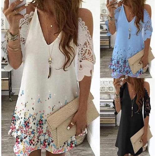 Summer Floral Print Midi Dresses Women Casual V-neck Off Shoulder Lace Hollow Out Half Sleeve Dress Female Plus Size Beach Dress