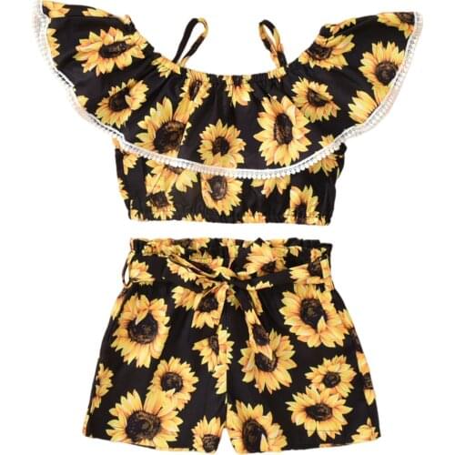 2021 3-8Y Toddler Girls Summer Clothes Sunflower Print Ruffle Off Shoulder Strap Tops + Bow Shorts Set Holiday 2pcs Outfits
