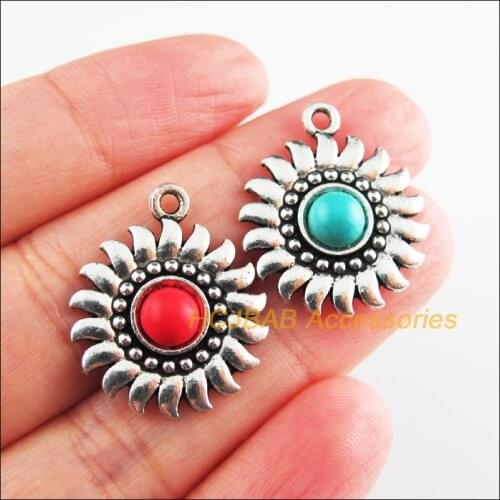 Fashion 5 New Sun Flower Charms Tibetan Silver Tone Red & Blue Stone Circle Pendants 20x24mm