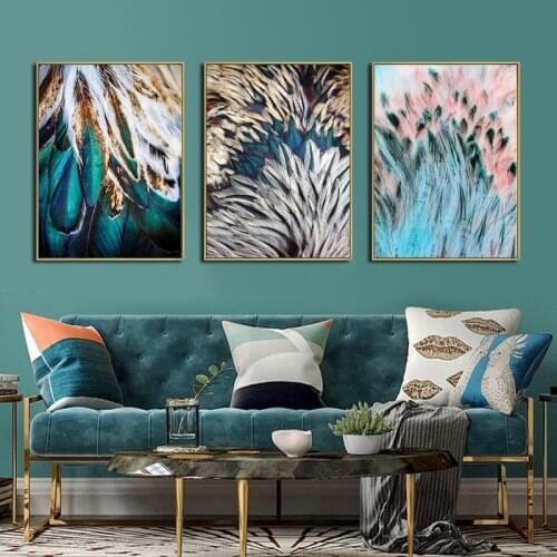 Modern fashion bright poster Abstract beautiful green pink feather canvas painting printing living room bedroom entrance home de