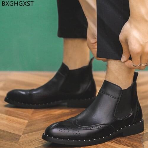 Chelsea Boots for Men Male Brogue Shoes Men Ankle Boots Man Black Leather Boots Men Motorcycle Shoes for Man 2021 Zapatos Hombre