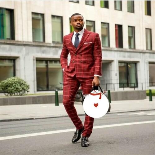 2 Piece Men Suits Red British Plaid Double Breasted Customized Fit Party Suits Handsome Formal Coat+Pant+Vest