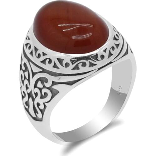 925 Sterling Silver Man Vintage Ring with Natural Onyx Big Red Stone Rings Thai Silver Design for Men Women Turkish Jewelry