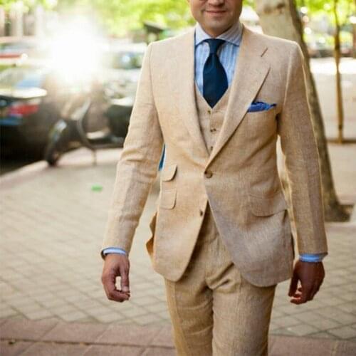 ANNIEBRITNEY Beige 3 Piece Men Slim Fit Business Linen Summer Suit 2020 Summer Groom Wedding Tuxedo Tailor Made Casual Men Suit