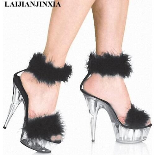 New The fun rabbit hair crystal 15cm cask wedding photo shoes, European and American ultra high heel sex Dance Shoes