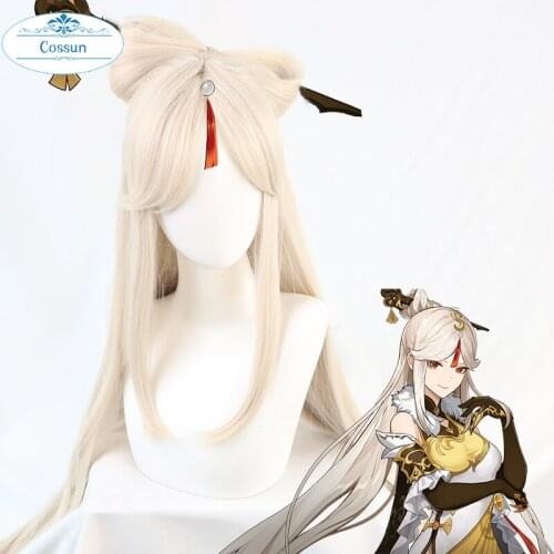 Genshin Impact Tianquan Ningguang Cosplay Wigs 120cm Long Gradual Beige 8-Shaped Bow Hair Halloween Game Role Play