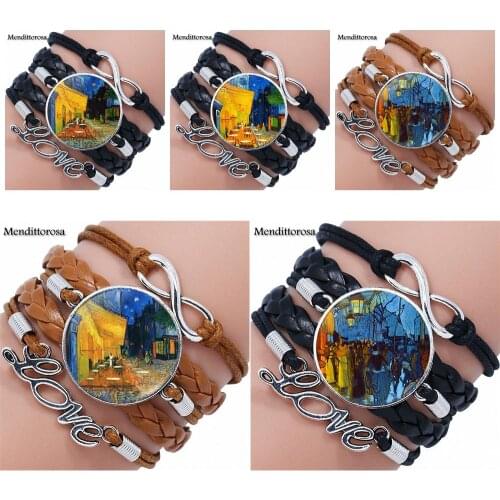 Van Gogh Cafe Terrace For Women Gift Jewelry Glass s Multilayer Black/Brown Leather Bracelet Bangle Bijouterie