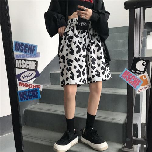 Shorts Women Leisure Simple Basic Streetwear Elastic Waist All-match Vintage Cute BF Unisex Ins Harajuku Cow-Print Summer Couple