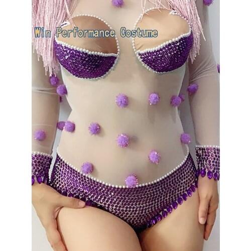 Sexy Stage See through Crystals Long Sleeve wig mask suits Party Costumes Stage Wear Dance Nightclub Costumes Singer Bodysuit