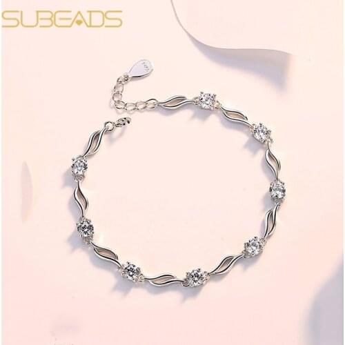 Subeads 925 Sterling Silver Crystal Rhinestone Lucky Charms Bracelet For Women Link Chain Wedding Engagement Party Jewelry