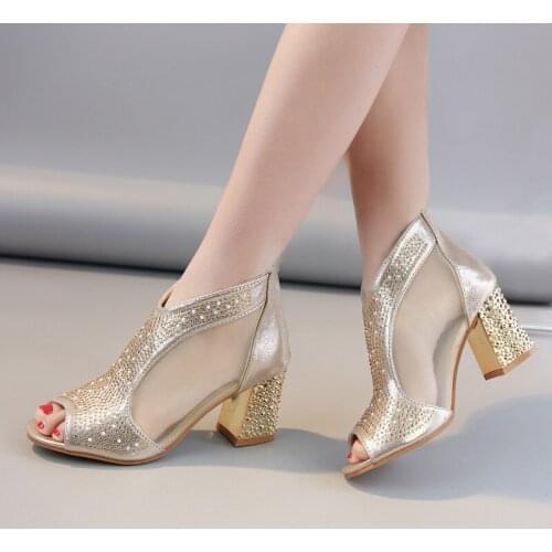 Women Crystal Sandals 2020 Womens Elegant High Heels Woman Mesh Pumps Ladies Peep Toe Cover Heels Footwear Female Zip Shoes
