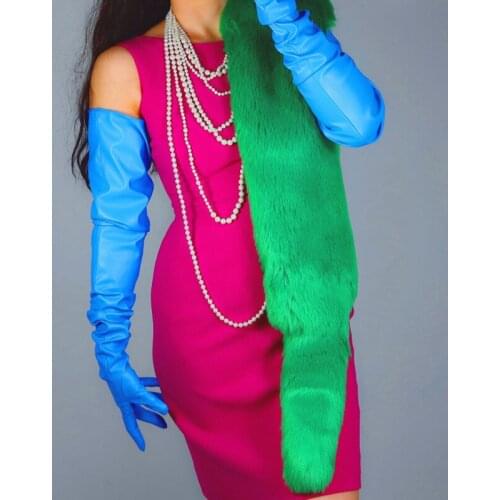 2021 New PU Gloves Female 90cm Big Sleeve Faux Leather Amulation Sheepskin Classic Blue Women Long Leather Gloves WPU304