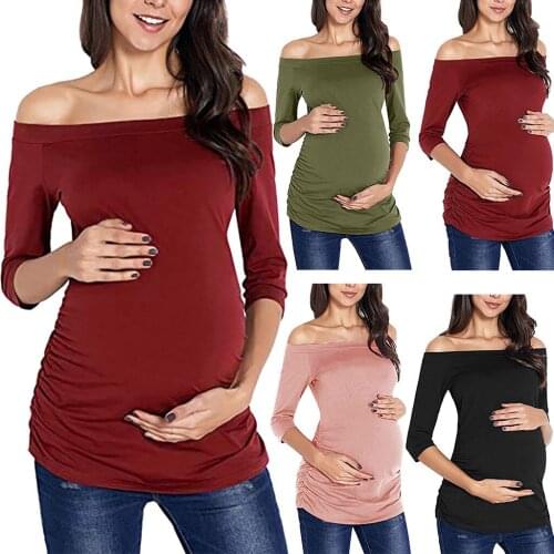 Womens Maternity Off Shoulder Tops Women Top Mama Clothes Flattering Side Ruching Slaneck Neck Pregnancy T-shirt