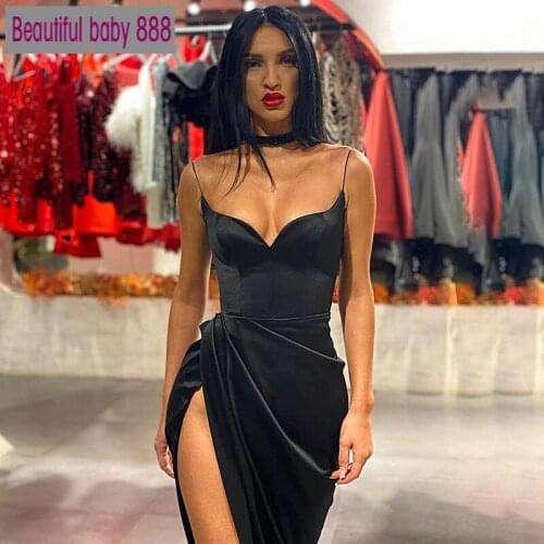 Meqeiss 2020 New Spaghetti Straps Black Sexy Backless Midi Dresses Gown Party Club Sleeveless Bodycon Split Dress Vestidos Solid