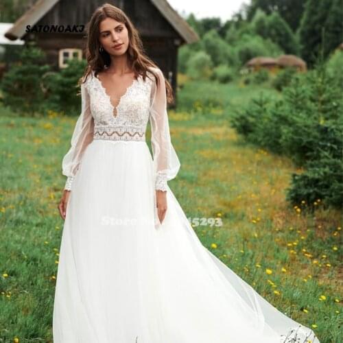 Simple Wedding Dress 2021 Long Puff Sleeve V-Neck Floor Length Lace Tulle Sweep Train Bridal Gowns Vestido De Novia Undefined