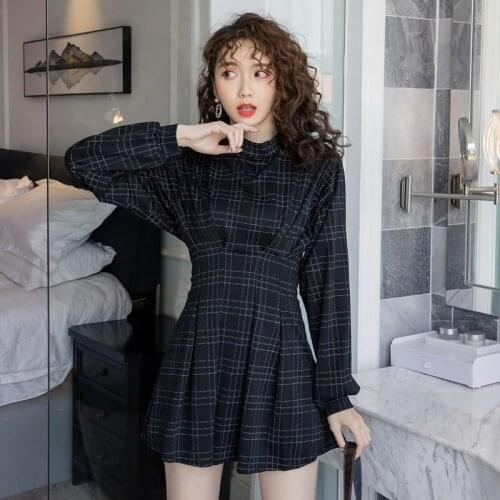 2021 Spring Women Vintage Mini Dress Long Sleeve Plaid A-lined Punk Style Gothic Dresses for Goth Girls Female Retro High Waist