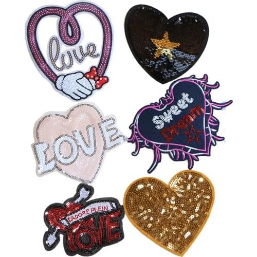 1 Pcs Various love heart shaped cartoon Sequin icon Iron on Patches for Clothing DIY Stripes Clothes Patchwork Custom Badges