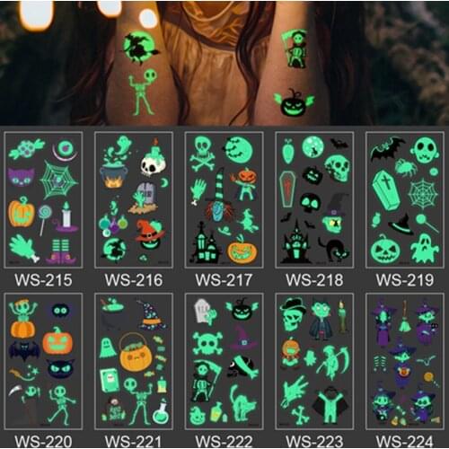 10PCS Tattoo Stickers Halloween Luminous Kid Temporary Fake Tattoos Set Glow on Face Arm Leg for Children Body Art Decor Sticker